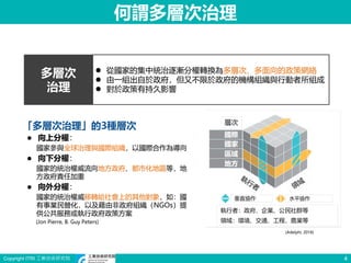 Copyright ITRI 工業技術研究院 4
何謂多層次治理
「多層次治理」的3種層次
 向上分權：
國家參與全球治理與國際組織，以國際合作為導向
 向下分權：
國家的統治權威流向地方政府、都市化地區等，地
方政府責任加重
 向外分權：
國家的統治權威移轉給社會上的其他對象，如：國
有事業民營化，以及藉由非政府組織（NGOs）提
供公共服務或執行政府政策方案
(Jon Pierre, B. Guy Peters)
(Adelphi, 2018)
多層次
治理
 從國家的集中統治逐漸分權轉換為多層次、多面向的政策網絡
 由一組出自於政府，但又不限於政府的機構組織與行動者所組成
 對於政策有持久影響
 