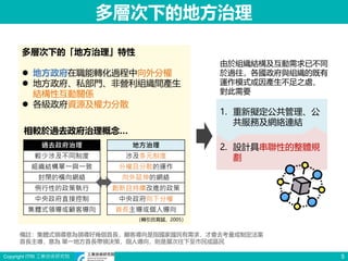 Copyright ITRI 工業技術研究院 5
多層次下的地方治理
多層次下的「地方治理」特性
 地方政府在職能轉化過程中向外分權
 地方政府、私部門、非營利組織間產生
結構性互動關係
 各級政府資源及權力分散
過去政府治理
較少涉及不同制度
組織結構單一與一致
封閉的橫向網絡
例行性的政策執行
中央政府直接控制
集體式領導或顧客導向
地方治理
涉及多元制度
分權且分散的運作
向外延伸的網絡
創新且持續改進的政策
中央政府向下分權
首長主導或個人導向
（轉引呂育誠，2005）
相較於過去政府治理概念…
由於組織結構及互動需求已不同
於過往，各國政府與組織的既有
運作模式或因產生不足之處，
對此需要
1. 重新擬定公共管理、公
共服務及網絡連結
2. 設計具串聯性的整體規
劃
備註：集體式領導意為領導好幾個首長，顧客導向是指國家國民有需求，才會去考量或制定法案
首長主導，意為 單一地方首長帶領決策，個人導向，則是層次往下至市民或區民
 