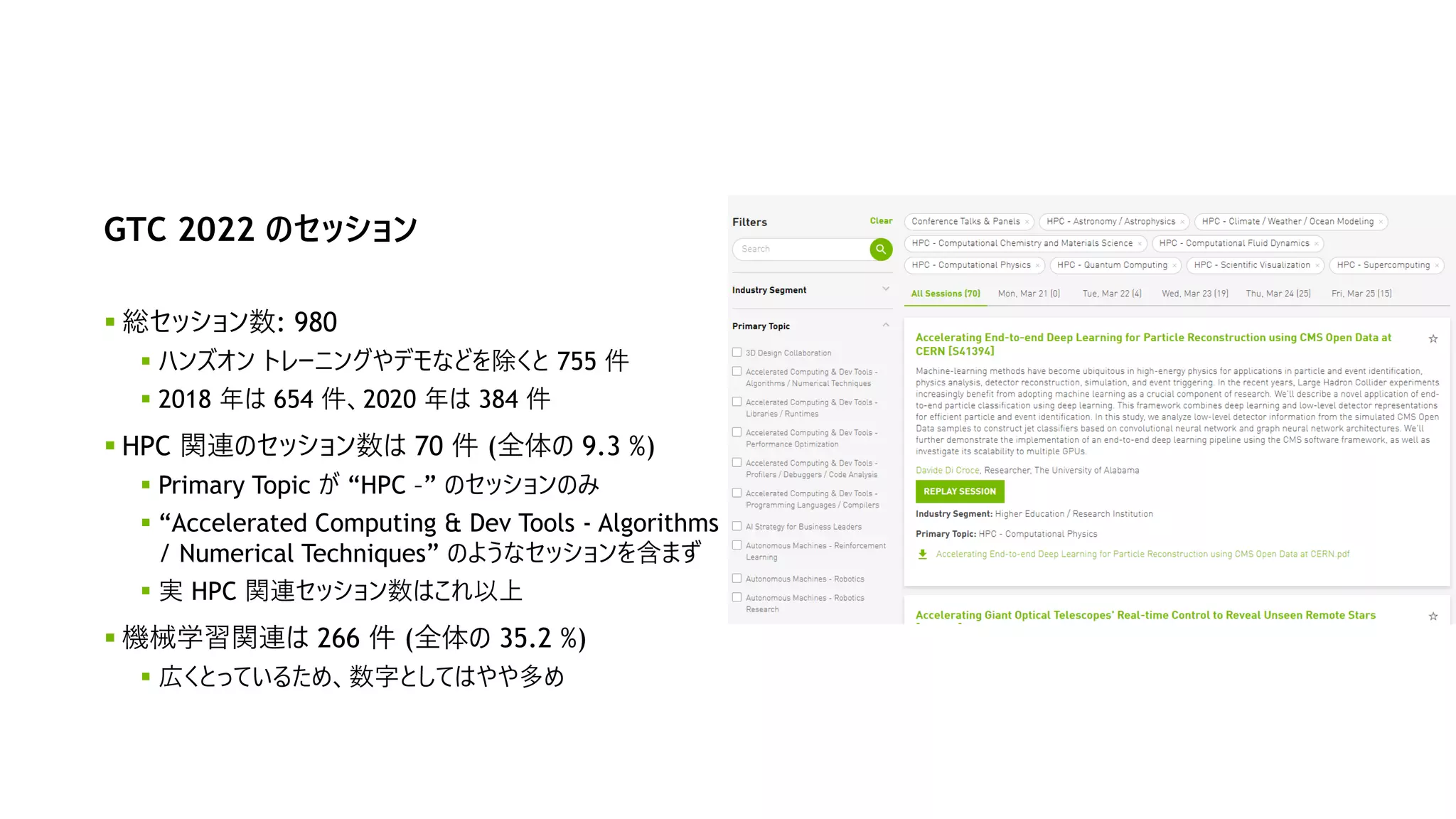 GTC 2022 のセッション
 総セッション数: 980
 ハンズオン トレーニングやデモなどを除くと 755 件
 2018 年は 654 件、2020 年は 384 件
 HPC 関連のセッション数は 70 件 (全体の 9.3 %)
 Primary Topic が “HPC –” のセッションのみ
 “Accelerated Computing & Dev Tools - Algorithms
/ Numerical Techniques” のようなセッションを含まず
 実 HPC 関連セッション数はこれ以上
 機械学習関連は 266 件 (全体の 35.2 %)
 広くとっているため、数字としてはやや多め
 