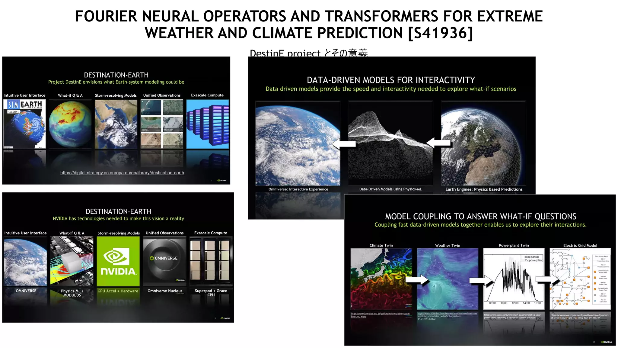 FOURIER NEURAL OPERATORS AND TRANSFORMERS FOR EXTREME
WEATHER AND CLIMATE PREDICTION [S41936]
DestinE project とその意義
 