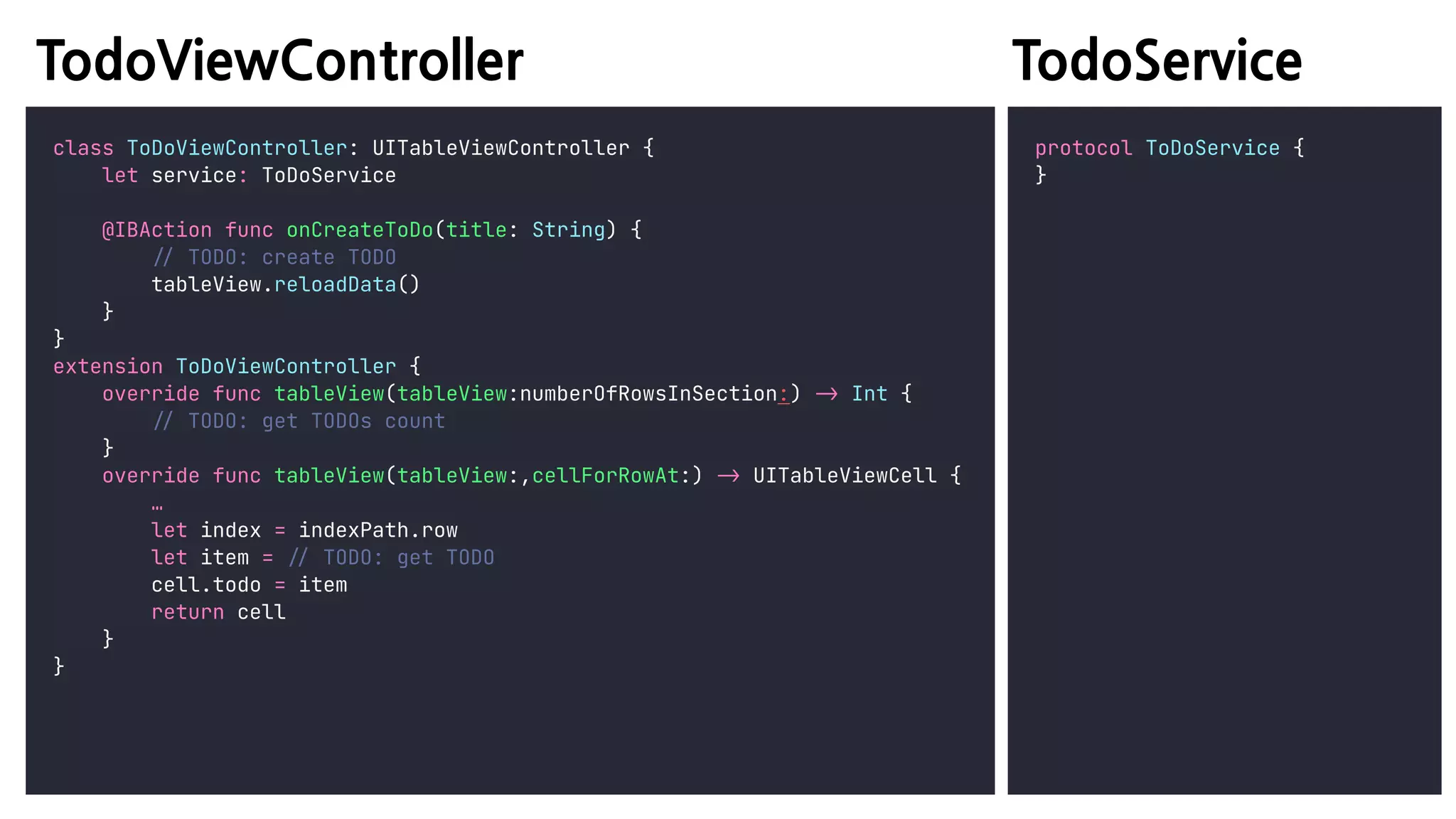 TodoViewController
class ToDoViewController: UITableViewController {


let service: ToDoService


@IBAction func onCreateToDo(title: String) {


/
/
TODO: create TODO


tableView.reloadData()


}


}


extension ToDoViewController {


override func tableView(tableView:numberOfRowsInSection:)
-
>
Int {


/
/
TODO: get TODOs count


}


override func tableView(tableView:,cellForRowAt:)
-
>
UITableViewCell {


…


let index = indexPath.row


let item =
/
/
TODO: get TODO


cell.todo = item


return cell


}


}
TodoService
protocol ToDoService {


}
 