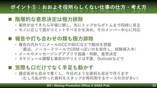 DX×Startup Promotion Office @ SAGA Pref. 33
ポイント⑤：おおよそ役所らしくない仕事の仕方・考え方
 階層的な意思決定は極力排除
 報告や打ち合わせの類も極力排除
 窓際も口だけでなく手足も動かす
• 案件が出てきたら平場に晒し、先にトップからボトムまで同時に見る
• モノに応じて誰がコミットすべきかを決め、そのメンバー中心に対応
• 報告の代わりにメールのCCやBCCなどで動向を把握
（最近、ノーコードツールでCRMっぽいのを自作し、試験導入中）
• メールやメッセージングアプリで協議・判断、意思決定
• スケジュール調整も事前のやりとりは不要、Outlookなどで
• 議会答弁も自分で書くし、今日のような資料も自分で作ります
（むしろ私が作った資料をスタッフが再利用するケースの方が多い）
 