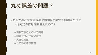 丸め誤差の問題？
• もしも点と有向直線の位置関係の判定を間違えたら？
（行列式の符号を間違えたら？）
– 無視できるくらいの問題
– 問題を起こさない場合
– 大きな問題
– とても大きな問題
36
 