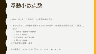 浮動小数点数
• IEEE 754によって定められる2進浮動小数点数
• 本日は数としての理解を進めるためにbinary64（倍精度浮動小数点数）に限定し，
かつ
– 符号部・指数部・仮数部
– バイアス表記
– 正規化数・非正規化数
– 零・Inf・NaN
などの説明は割愛します．
数の表現としてのビットパターンについては触れません．
7
 