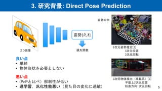 3. 研究背景: Direct Pose Prediction
5
２D画像
姿勢 𝑅, 𝒕
6次元姿勢推定[2]
3次元位置
3次元回転
3次元物体検出（車載系）[3]
平面上2次元位置
鉛直方向1次元回転
姿勢の例
良い点
• 単純
• 物体形状を必要としない
悪い点
• (PnPと比べ）解釈性が低い
• 過学習，汎化性能悪い（見た目の変化に過敏）
損失関数
 