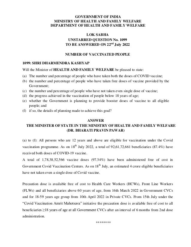 GOVERNMENT OF INDIA
MINISTRY OF HEALTH AND FAMILY WELFARE
DEPARTMENT OF HEALTH AND FAMILY WELFARE
LOK SABHA
UNSTARRED QUESTION No. 1099
TO BE ANSWERED ON 22nd
July 2022
NUMBER OF VACCINATED PEOPLE
1099: SHRI DHARMENDRA KASHYAP
Will the Minister of HEALTH AND FAMILY WELFARE be pleased to state:
(a) The number and percentage of people who have taken both the doses of COVID vaccine;
(b) the number and percentage of people who have taken free doses of vaccine provided by the
Government;
(c) the number and percentage of people who have not taken even single dose of vaccine;
(d) the progress achieved in the vaccination of people below 18 years of age;
(e) whether the Government is planning to provide booster doses of vaccine to all eligible
people; and
(f) if so, the details of planning made to achieve this goal?
ANSWER
THE MINISTER OF STATE IN THE MINISTRY OF HEALTH AND FAMILY WELFARE
(DR. BHARATI PRAVIN PAWAR)
(a) to (f): All persons who are 12 years and above are eligible for vaccination under the Covid
vaccination programme. As on 18th
July 2022, a total of 92,61,72,661 beneficiaries (87.4%) have
received both doses of COVID-19 vaccine.
A total of 1,78,38,52,566 vaccine doses (97.34%) have been administered free of cost in
Government Covid Vaccination Centers. As on 18th
July, an estimated 4 crore eligible beneficiaries
have not taken even a single dose of Covid vaccine.
Precaution dose is available free of cost to Health Care Workers (HCWs), Front Line Workers
(FLWs) and all beneficiaries above 60 years of age, from 16th March 2022 in Government CVCs
and for 18-59 years age group from 10th April 2022 in Private CVCs. From 15th July under the
“Covid Vaccination Amrit Mahotsava” initiative the precaution dose is available free of cost to all
beneficiaries ≥18 years of age at all Government CVCs after an interval of 6 months from 2nd dose
administration.
********
 