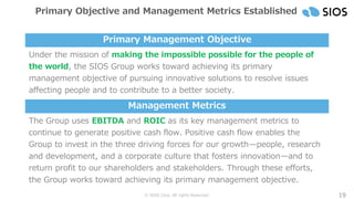 © SIOS Corp. All rights Reserved. 19
Primary Objective and Management Metrics Established
The Group uses EBITDA and ROIC as its key management metrics to
continue to generate positive cash flow. Positive cash flow enables the
Group to invest in the three driving forces for our growth—people, research
and development, and a corporate culture that fosters innovation—and to
return profit to our shareholders and stakeholders. Through these efforts,
the Group works toward achieving its primary management objective.
Under the mission of making the impossible possible for the people of
the world, the SIOS Group works toward achieving its primary
management objective of pursuing innovative solutions to resolve issues
affecting people and to contribute to a better society.
Primary Management Objective
Management Metrics
 