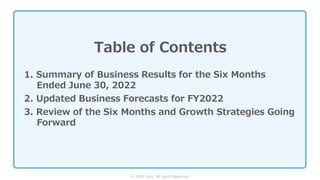 © SIOS Corp. All rights Reserved.
Table of Contents
1. Summary of Business Results for the Six Months
Ended June 30, 2022
2. Updated Business Forecasts for FY2022
3. Review of the Six Months and Growth Strategies Going
Forward
 