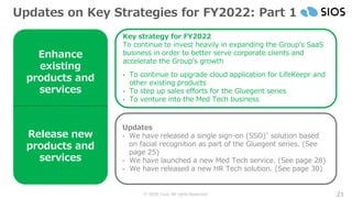 © SIOS Corp. All rights Reserved. 21
Enhance
existing
products and
services
Release new
products and
services
Updates on Key Strategies for FY2022: Part 1
Key strategy for FY2022
To continue to invest heavily in expanding the Group’s SaaS
business in order to better serve corporate clients and
accelerate the Group’s growth
• To continue to upgrade cloud application for LifeKeepr and
other existing products
• To step up sales efforts for the Gluegent series
• To venture into the Med Tech business
Updates
• We have released a single sign-on (SSO)* solution based
on facial recognition as part of the Gluegent series. (See
page 25)
• We have launched a new Med Tech service. (See page 28)
• We have released a new HR Tech solution. (See page 30)
 
