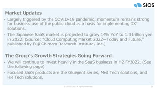 © SIOS Corp. All rights Reserved.
Market Updates
• Largely triggered by the COVID-19 pandemic, momentum remains strong
for business use of the public cloud as a basis for implementing DX*
solutions.
• The Japanese SaaS market is projected to grow 14% YoY to 1.3 trillion yen
in 2022. (Source: “Cloud Computing Market 2022—Today and Future,”
published by Fuji Chimera Research Institute, Inc.)
The Group’s Growth Strategies Going Forward
• We will continue to invest heavily in the SaaS business in H2 FY2022. (See
the following page)
• Focused SaaS products are the Gluegent series, Med Tech solutions, and
HR Tech solutions.
23
 