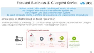 © SIOS Corp. All rights Reserved. 25
Single sign-on (SSO) based on facial recognition
We have provided AEON Fantasy Co., Ltd. with a single sign-on system that combines our Gluegent
Gate and Japan Computer Vision Corporation's facial recognition solution.
Bolster product offerings in the Gluegent series, including
the Gluegent Flow cloud-based workflow system and
the Gluegent Gate SaaS authentication system,
to assist corporate clients in shifting to teleworking and implementing DX solutions
SSO based on facial recognition
Enter an
employee
number
Camera
activated
Facial
recognition
completed
SAML
authentication
(SSO)
Employee
Authentication
Log-in allowed to
Google and other
applications
Focused Business ① Gluegent Series
 
