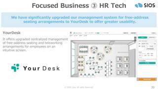 © SIOS Corp. All rights Reserved. 30
Focused Business ③ HR Tech
YourDesk
It offers upgraded centralized management
of free-address seating and teleworking
arrangements for employees on an
intuitive screen.
We have significantly upgraded our management system for free-address
seating arrangements to YourDesk to offer greater usability.
 