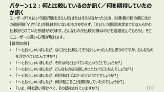 パターン12︓何と⽐較しているのか訊く／何を期待していたの
か訊く
101
ユーザーが「X」という選択肢をえらんだ(またはえらばなかった)とき、対象者の⽬の前にほか
の選択肢「Y」や「Z」が具体的にないにもかかわらず、「X」という意思決定までになんらかの
⽐較がされていた形跡があります。どんなものが⽐較対象なのかを⾔語化してもらうと、そこ
にユーザーの深い⼼理が現れます。
【質問の例】
• 「〜とおっしゃいましたが、なにかと⽐較してそうおっしゃったんだと思うのですが、どんなもの
を浮かべていたんですか?」
• 「〜とおっしゃいましたが、それは何と⽐べていたということでしょうか?」
• 「〜とおっしゃいましたが、どんなものなら欲しかったということなんでしょうか?」
• 「〜とおっしゃいましたが、何があればよかったということでしょうか?」
• 「〜とおっしゃいましたが、何が起こることを期待していたのでしょうか?」
• 「いま、何を思い浮かべて、その話をされていますか?」
 