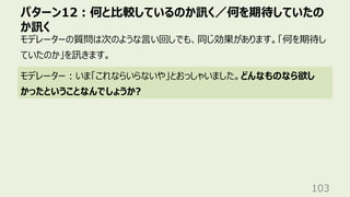 パターン12︓何と⽐較しているのか訊く／何を期待していたの
か訊く
103
モデレーターの質問は次のような⾔い回しでも、同じ効果があります。「何を期待し
ていたのか」を訊きます。
モデレーター︓いま「これならいらないや」とおっしゃいました。どんなものなら欲し
かったということなんでしょうか?
 