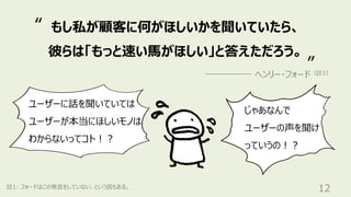 12
註1: フォードはこの発⾔をしていない、という説もある。
もし私が顧客に何がほしいかを聞いていたら、
彼らは「もっと速い⾺がほしい」と答えただろう。
ヘンリー・フォード（註1）
“
”
ユーザーに話を聞いていては
ユーザーが本当にほしいモノは
わからないってコト︕︖
じゃあなんで
ユーザーの声を聞け
っていうの︕︖
 