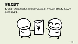 謝礼を渡す
120
インタビューの謝礼を⽀払うときは「謝礼をお⽀払いいたします」と伝え、⽀払いの
⼿続きをします。
 