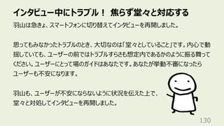 インタビュー中にトラブル︕ 焦らず堂々と対応する
130
⽻⼭は急きょ、スマートフォンに切り替えてインタビューを再開しました。
思ってもみなかったトラブルのとき、⼤切なのは「堂々としていること」です。内⼼で動
揺していても、ユーザーの前ではトラブルすらさも想定内であるかのように振る舞って
ください。ユーザーにとって場のガイドはあなたです。あなたが挙動不審になったら
ユーザーも不安になります。
⽻⼭も、ユーザーが不安にならないように状況を伝えた上で、
堂々と対処してインタビューを再開しました。
 