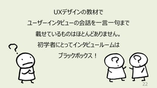 22
UXデザインの教材で
ユーザーインタビューの会話を⼀⾔⼀句まで
載せているものはほとんどありません。
初学者にとってインタビュールームは
ブラックボックス︕
 