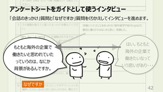 洋画にハマったことをきっかけに海外留学や給与Upなどに
優位に働くのではないかと思い、受験した。
アンケートでは
「洋画に・・・」と書いて
いただいたんですけども、
もう少し詳しくどういうことか
お話いただいても
よろしいですか
はい。もともと
海外の企業で
働きたいなって
いう思いがあり・・・
アンケートシートをガイドとして使うインタビュー
42
「会話のきっかけ」質問と「なぜですか」質問をくりかえしてインタビューを進めます。
なぜですか
もともと海外の企業で
働きたいと思われていた
っていうのは、なにか
背景があるんですか。
 