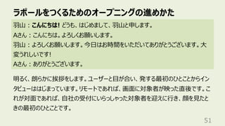ラポールをつくるためのオープニングの進めかた
51
⽻⼭︓こんにちは! どうも、はじめまして、⽻⼭と申します。
Aさん︓こんにちは。よろしくお願いします。
⽻⼭︓よろしくお願いします。今⽇はお時間をいただいてありがとうございます。⼤
変うれしいです!
Aさん︓ありがとうございます。
明るく、朗らかに挨拶をします。ユーザーと⽬が合い、発する最初のひとことからイン
タビューははじまっています。リモートであれば、画⾯に対象者が映った直後です。こ
れが対⾯であれば、⾃社の受付にいらっしゃった対象者を迎えに⾏き、顔を⾒たと
きの最初のひとことです。
 