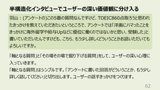 半構造化インタビューでユーザーの深い価値観に分け⼊る
62
⽻⼭︓(アンケートの)この5番の質問なんですけど、TOEIC860点取ろうと思われ
たきっかけを教えていただきたいというところで、アンケートでは「洋画にハマったことを
きっかけに海外留学や給与Upなどに優位に働くのではないかと思い、受験した」と
書いていただいたんですけども、こちら、もう少し詳しくどういうことかお話いただいても
よろしいですか。
「軸となる質問」と「その場その場で掘り下げる質問」をして、ユーザーの深い⼼理に
⼊っていきます。
「軸となる質問」はシンプルです。「アンケートに書いた回答がどういうことか、もう少し
詳しく話してください」と切り出します。ユーザーの話すきっかけをつくります。
 