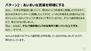 パターン2︓あいまいな⾔葉を明確にする
71
Aさん︓⼤学は早稲⽥に通っていて、周りもけっこう外資系に就職したりする中で、
⾃分は⽇本のベンチャーに就職したんですけど、いつか(外資系を)⽬指せるような
ポジションにいるのってけっこう⼤事かなって考えているうちに、そういう選択肢もある
ので、取ろうかなと思いました。
⽻⼭︓なるほど。そういう選択肢というのは海外で働くっていうことですか。
Aさん︓そうです。
Aさんとの会話では「そういう選択肢」が何を指しているのかがあいまいだったので、
明らかにしています。
 