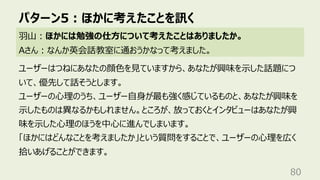 パターン5︓ほかに考えたことを訊く
80
⽻⼭︓ほかには勉強の仕⽅について考えたことはありましたか。
Aさん︓なんか英会話教室に通おうかなって考えました。
ユーザーはつねにあなたの顔⾊を⾒ていますから、あなたが興味を⽰した話題につ
いて、優先して話そうとします。
ユーザーの⼼理のうち、ユーザー⾃⾝が最も強く感じているものと、あなたが興味を
⽰したものは異なるかもしれません。ところが、放っておくとインタビューはあなたが興
味を⽰した⼼理のほうを中⼼に進んでしまいます。
「ほかにはどんなことを考えましたか」という質問をすることで、ユーザーの⼼理を広く
拾いあげることができます。
 
