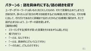 パターン6︓話を具体的にする/話の続きを促す
81
ユーザーが「キーワードっぽいもの」を⼝にしたものの、それで⾔葉を⽌めてしまうこと
があります。多くの⼈は「⾃分の考えを総括するような単語」を⾒つけると、それを場
に出して、それだけであなたに詳細まで伝わったかのような感覚に陥ります。そこで
話が⽌まらないよう、ユーザーの話を促します。
【質問の例】
• ミラーリングする(相⼿が⾔った⾔葉をそのままオウム返しする)
• 相づちをうつ
• 「〜とは、なんですか」
• 「〜とは、具体的にどういうことですか」
• 「〜のために、どうしたのですか」
 