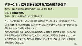 パターン6︓話を具体的にする/話の続きを促す
82
Aさん︓なんか英会話教室に通おうかなって考えました。
⽻⼭︓英会話教室。
Aさん︓はい。体験レッスンにまで⾏きました。
ユーザーの話を促す、いちばん簡単な⽅法は「ミラーリング」と「相づち」です。ミラー
リングとは相⼿のしぐさを真似ることですが、とくにわかりやすいのは「相⼿が⾔った⾔
葉をそのままオウム返しする」ことです。
Aさんとの会話を⾒てください。⽻⼭の受けごたえは「英会話教室」のひとこと、Aさ
んの⾔葉を本当にただそのままくりかえしただけです。質問ですらありません。しかし
そのオウム返しを受けて、Aさんは「体験レッスンにまで⾏きました」という追加の情
報を語りはじめました。
 