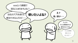 9
当社のアプリを使うと
解決できるんだけど・・・
え︖
は、はい・・・
xxxという課題で
困ることありますよね︖
使いたいよね?
そんな課題
感じたこと
ないけど・・・
たしかに
そんな課題あれば
便利かもですね
 