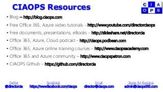 CIAOPS Resources
• Blog – http://blog.ciaops.com
• Free Office 365, Azure video tutorials – http://www.youtube.com/directorciaops
• Free documents, presentations, eBooks – http://slideshare.net/directorcia
• Office 365, Azure, Cloud podcast – http://ciaops.podbean.com
• Office 365, Azure online training courses – http://www.ciaopsacademy.com
• Office 365 and Azure community – http://www.ciaopspatron.com
• CIAOPS Github – https://github.com/directorcia
Twitter
@directorcia
Facebook
https://www.facebook.com/ciaops
Email
director@ciaops.com
Skype for Business
admin@ciaops365.com
 