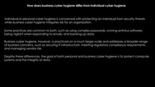 How does business cyber hygiene differ from individual cyber hygiene
Individual or personal cyber hygiene is concerned with protecting an individual from security threats
while business cyber hygiene mitigates risk for an organization.
Some practices are common to both, such as using complex passwords, running antivirus software,
being vigilant when responding to emails, and backing up data.
Business cyber hygiene, however, is practiced on a much larger scale and addresses a broader range
of business concerns, such as securing IT infrastructure, meeting regulatory compliance requirements,
and managing vendor risk.
Despite these differences, the goal of both personal and business cyber hygiene is to protect computer
systems and the integrity of data.
 