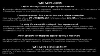 Attackers already know multiple ways through which they can enter the network. Anything available in endpoints today is vulnerable, and
antivirus software alone cannot act as a shield to secure the system.
Cyber Hygiene Misbeliefs
Endpoints are well protected using strong antivirus software
Vulnerability scanning alone is enough to manage software vulnerabilities
Patch only Windows and Microsoft applications to prevent attacks
Annual compliance audits provide adequate security to the network
Cyber hygiene is complex and costly
Usually organizations feel that to implement cyber hygiene, they must purchase many security solutions and deploy Enterprises often
assume that it is not a cost-effective approach. This is a significant factor that hinders organizations from orchestrating healthy cyber
hygiene routine.
Preparing the endpoints a few days before the annual compliance audit does not make the parameters wholly secured. These
security benchmarks come with regular upgrades and changes, and the endpoints must always abide by these protocols.
Patching is one other essential practice organizations follow to secure their endpoints. In general, enterprises believe that cyber
attackers target only Windows and Microsoft applications. This makes organizations assume that it is sufficient to monitor and patch
these applications alone, and they often neglect to patch third-party applications.
Proper security cannot be achieved only with identification. Further assessment and remediation of these vulnerabilities are
necessary to evict the security blind spots.
 