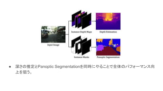 ● 深さの推定とPanoptic Segmentationを同時にやることで全体のパフォーマンス向
上を狙う。
 