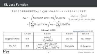 Mobility Technologies Co., Ltd.
KL Loss Function
17
真値となる姿勢の確率密度 t(y) と p(y|X) とのKLダイバージェンスをロスとして学習
t(y) は真値 ygt を中⼼とするデルタ関数
⼊⼒空間 推定分布 真値分布 損失関数
categorical Softmax 離散 one-hot cross entropy
EPro-PnP 連続 Dirac's delta KL divergence
a
a
Softmaxとの対⽐ Deep Learning JP DL輪読会資料を基に編集
 