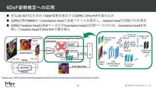 Mobility Technologies Co., Ltd.
6DoF姿勢推定への応⽤
21
n 密な2D-3D対応を求めて6DoF姿勢を推定するCDPNにEPro-PnPを組み込み
n CDPNは物体BBOXからtranslation headで並進ベクトルを推定し、rotation headで回転⾏列を推定
n CDPNのrotation headはPnPベースだがtranslation headは回帰ベースのため、translation headを削
除してrotation headをEPro-PnPで置き換え
Zhigang Li et al., “CDPN: Coordinates-Based Disentangled Pose Network for Real-Time RGB-Based 6-DoF Object Pose Estimation,” ICCV2019.
 