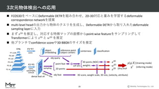 Mobility Technologies Co., Ltd.
3次元物体検出への応⽤
25
n FCOS3DをベースにDeformable DETRを組み合わせ、2D-3D対応と重みを学習するdeformable
correspondence networkを提案
n multi-level headの出⼒から物体のクエリを⽣成し、Deformable DETRから取り⼊れたdeformable
sampling layerに⼊⼒
n まず x2D を推定し、対応する特徴マップの座標からpoint-wise featureをサンプリングして
Transformerにより x3D と w2D を推定
n 他ブランチでconfidence scoreや3D BBOXのサイズを推定
 