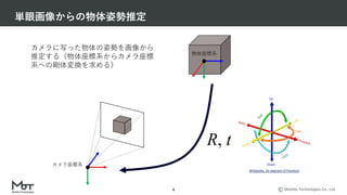 Mobility Technologies Co., Ltd.
単眼画像からの物体姿勢推定
4
カメラ座標系
物体座標系
R, t
カメラに写った物体の姿勢を画像から
推定する（物体座標系からカメラ座標
系への剛体変換を求める）
Wikipedia, Six degrees of freedom
 