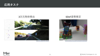 Mobility Technologies Co., Ltd.
応⽤タスク
5
https://arxiv.org/pdf/1905.12365.pdf http://proceedings.mlr.press/v87/tremblay18a/tremblay18a.pdf
3次元物体検出 6DoF姿勢推定
 