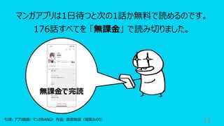 12
マンガアプリは1⽇待つと次の1話か無料で読めるのです。
176話すべてを 「無課⾦」 で読み切りました。
引⽤: アプリ画⾯: マンガBANG! 作品: 源君物語（稲葉みのり）
無課⾦で完読
 