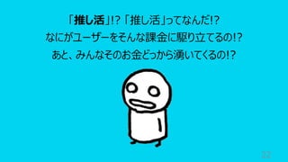 22
「推し活」!? 「推し活」ってなんだ!?
なにがユーザーをそんな課⾦に駆り⽴てるの!?
あと、みんなそのお⾦どっから湧いてくるの!?
 