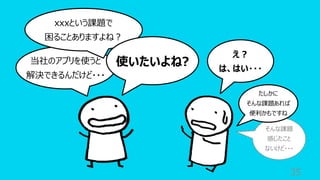 35
当社のアプリを使うと
解決できるんだけど・・・
え︖
は、はい・・・
xxxという課題で
困ることありますよね︖
使いたいよね?
そんな課題
感じたこと
ないけど・・・
たしかに
そんな課題あれば
便利かもですね
 