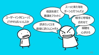 訊きたいことを
直接に訊くんじゃダメ
49
仮説を捨て
意識をフラットに
ユーザーインタビューって
どうやればいいんスか
傾聴を
⼼がけろ
相⼿に呼吸を
合わせて
スーッと来た球を
ガーンと打つんだよ
 