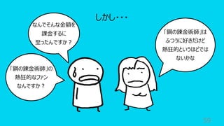 59
しかし・・・
なんでそんな⾦額を
課⾦するに
⾄ったんですか︖
「鋼の錬⾦術師」は
ふつうに好きだけど
熱狂的というほどでは
ないかな
「鋼の錬⾦術師」の
熱狂的なファン
なんですか︖
 