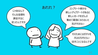 61
あれれ︖
じゃあなんで
そんな⾦額を
課⾦するに
⾄ったんですか
コンプリート癖かな
新しいアップデートがあると
新しいカードをぜんぶ
集めて最強にならないと
気がすまない
そのためにはガチャを
⽉20万円くらい
回すことになるんです
 