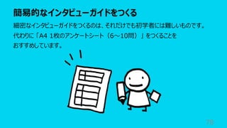 簡易的なインタビューガイドをつくる
78
細密なインタビューガイドをつくるのは、それだけでも初学者には難しいものです。
代わりに 「A4 1枚のアンケートシート（6〜10問）」 をつくることを
おすすめしています。
 