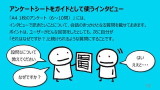 アンケートシートをガイドとして使うインタビュー
79
「A4 1枚のアンケート（6〜10問）」 には、
インタビューで訊きたいことについて、会話のきっかけとなる質問を載せておきます。
ポイントは、ユーザーがどんな回答をしたとしても、次に⾃分が
「それはなぜですか︖」と続けられるような質問にすることです。
設問1について
教えてください
なぜですか︖
はい
ええと・・・
 