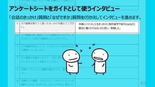 アンケートシートをガイドとして使うインタビュー
83
「会話のきっかけ」質問と「なぜですか」質問をくりかえしてインタビューを進めます。
洋画にハマったことをきっかけに海外留学や給与Upなどに
優位に働くのではないかと思い、受験した。
 