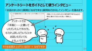 アンケートシートをガイドとして使うインタビュー
84
「会話のきっかけ」質問と「なぜですか」質問をくりかえしてインタビューを進めます。
洋画にハマったことをきっかけに海外留学や給与Upなどに
優位に働くのではないかと思い、受験した。
アンケートでは
「洋画に・・・」と書いて
いただいたんですけども、
もう少し詳しくどういうことか
お話いただいても
よろしいですか
そのまま読み上げているだけ + なぜですか
 