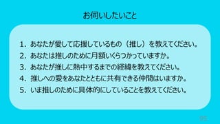 95
お伺いしたいこと
1. あなたが愛して応援しているもの（推し）を教えてください。
2. あなたは推しのために⽉額いくらつかっていますか。
3. あなたが推しに熱中するまでの経緯を教えてください。
4. 推しへの愛をあなたとともに共有できる仲間はいますか。
5. いま推しのために具体的にしていることを教えてください。
 